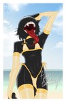 anthro arm_warmers armwear beach bikini black_body choker clothing femboy genitals gold_(metal) gold_jewelry jewelry legwear male necklace penis pose presenting side-tie_bikini solo string_bikini summer swimwear teeth thigh_highs tongue tongue_out two-piece_swimsuit wet johnnypescado censor_(jokioro) absurd_res hi_res