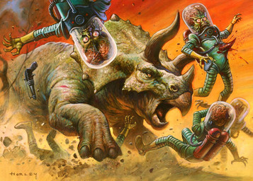 ambiguous_gender blood bodily_fluids brain feral gore green_body group gun horn impalement open_mouth orange_background organs ranged_weapon simple_background size_difference surprised weapon alex_horley mars_attacks! mars_attacks:_occupation topps alien ceratopsian ceratopsid chasmosaurine dinosaur humanoid marginocephalian ornithischian prehistoric_species reptile scalie triceratops official_art