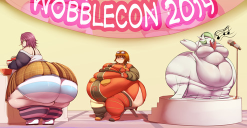 anthro belly belly_overhang big_belly big_breasts big_butt blush bottomwear breasts brown_hair butt chair clothed clothing electronics featureless_breasts female footwear furniture group hair huge_belly huge_butt hyper hyper_belly legwear microphone microphone_stand navel overweight overweight_anthro overweight_female pattern_bottomwear pattern_clothing pattern_legwear pattern_underwear purple_hair raised_bottomwear raised_clothing raised_skirt rear_view sign singing sitting skirt socks stairs striped_bottomwear striped_clothing striped_legwear striped_underwear stripes table tablecloth tight_clothing trio underbutt underwear wardrobe_malfunction wide_hips trinity-fate62 nintendo pokemon rosario_+_vampire shirayuki_mizore generation_6_pokemon human humanoid mammal mega_evolution mega_gardevoir pokemon_(species) 2014 absurd_res digital_media_(artwork) hi_res