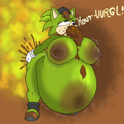 backwards_hat belly big_belly clothing emanata fart fart_cloud fart_fetish feces feces_from_mouth feces_from_nipples feces_in_mouth female footwear fur gloves green_body green_fur handwear hat headgear headwear inflation motion_lines onomatopoeia pooping pooping_from_mouth pooping_from_nipples scat_inflation scatplay shoes smelly solo sound_effects text white_clothing white_gloves white_handwear mooneypup sega sonic_the_hedgehog_(series) eulipotyphlan hedgehog mammal 1:1