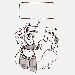 anthro bangle belt breasts duo eyeshadow eyewear feathers female freckled_breasts freckles glasses jewelry makeup male navel necklace non-mammal_breasts non-mammal_navel simple_background speech_bubble tail thong_straps white_background deltav dinosaur dromaeosaurid feathered_dinosaur feathered_scalie human mammal prehistoric_species reptile saurischian scalie theropod 1:1