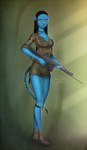 bottomwear breasts clothed clothing female flesh_tunnel fn_fal footwear gun ranged_weapon rifle shoes shorts solo weapon dareddakka james_cameron's_avatar neytiri alien alien_humanoid humanoid na'vi hi_res