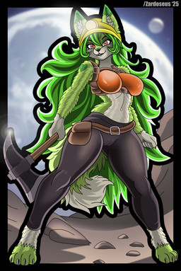 anthro axe big_breasts breasts claws clothed clothing female fur holding_object looking_at_viewer melee_weapon mining_helmet moon outside small_waist smile solo tail weapon zardoseus chucklefish starbound vixina_(zardoseus) canid canine fox mammal absurd_res hi_res
