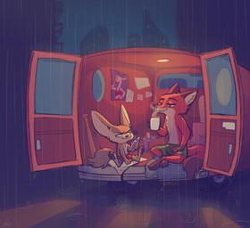anthro baseball_bat bat_(object) bottomwear car clothed clothing container cup duo female fur green_eyes inside_car inside_vehicle male medium_truck raining shorts simple_background sitting smile topless truck van vehicle fuel_(artist) disney zootopia finnick_(zootopia) gazelle_(zootopia) nick_wilde antelope bovid canid canine fennec_fox fox gazelle mammal red_fox true_fox