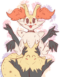 4_arms ambiguous_gender anthro blush blush_lines eyelashes fake_eyes featureless_crotch multi_arm multi_limb multicolored_body open_mouth seam_(sewing) simple_background solo tail tongue se1t nintendo pokemon braixen generation_6_pokemon generation_7_pokemon mimikyu pokemon_(species) 2026 4:5 absurd_res hi_res