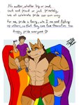 abs anthro biceps biped black_claws black_sneakers blue_eyes bottomwear brown_body brown_bottomwear brown_clothing brown_fur brown_shorts bulge caption claws clothing demisexual_pride_colors finger_claws flag flag_(object) fur holding_flag holding_object larger_anthro larger_male lgbt_pride male muscular muscular_anthro pecs pride_color_flag pride_colors purple_clothing purple_shirt purple_t-shirt purple_topwear rainbow_flag rainbow_pride_colors rainbow_pride_flag rainbow_symbol shirt shorts six-stripe_rainbow_pride_colors size_difference smaller_human smaller_male smile t-shirt tail text topwear justagoodboy john_(justagoodboy) canid canine canis human mammal wolf 2023 3:4 absurd_res digital_media_(artwork) english_text hi_res