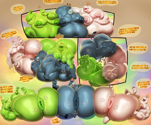 anthro anus balls belly belly_overhang big_anus big_belly big_butt big_moobs big_nipples bodily_fluids butt butts_touching cellulite feet genitals glistening glistening_butt green_body group huge_belly huge_butt huge_nipples hyper hyper_butt low-angle_view macro male male/male moobs navel nipples nude obese obese_anthro obese_male overweight overweight_anthro overweight_male penis presenting presenting_hindquarters puffy_anus sweat sweaty_butt text trio worm's-eye_view justmegabenewell carlos_(burropaleta) glenn_dolphman slug_(justmegabenewell) asinus cetacean deity dolphin donkey equid equine gastropod human hybrid mammal marine mollusk slug toothed_whale english_text hi_res