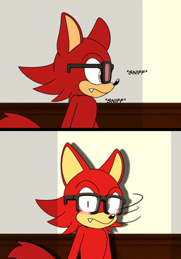 amber_eyes anthro big_ears black_eyes black_eyewear black_glasses black_nose blush blush_lines cute_fangs detailed_background eyewear fangs fur glasses head_tuft light light_beam looking_at_viewer male motion_lines onomatopoeia path_lines rectangular_glasses red_body red_fur shocked sniffing solo sound_effects sunbeam sunlight surprised tan_body tan_inner_ear tan_skin teeth text tuft nezuruiart sega sonic_forces sonic_the_hedgehog_(series) custom_character_(sonic_forces) gadget_the_wolf canid canine canis mammal wolf hi_res