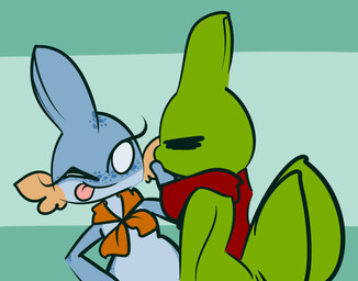 anthro blue_body blue_scales blue_spots cheek_fins duo eyes_closed female female_anthro green_background green_body green_scales grin hand_on_face kerchief kerchief_only male male_anthro markings mostly_nude no_pupils orange_body orange_cheeks orange_kerchief orange_scales pattern_background red_kerchief scales simple_background smile spots spotted_body spotted_scales striped_background tongue tongue_out white_eyes thefablednekos nintendo pokemon jay_(thefablednekos) mabel_(thefablednekos) generation_2_pokemon generation_3_pokemon larvitar mudkip pokemon_(species) 2020 digital_media_(artwork)