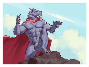 5_fingers abs anthro biped black_claws blue_body blue_fur blue_sky border cape cape_only claws clothing cloud day digitigrade finger_claws fingers front_view fur head_turned looking_aside male mostly_nude mouth_closed muscular muscular_anthro muscular_male outside pecs pose red_cape red_clothing rock sky snout solo toe_claws white_border kingarthur_i canid mammal 2023 digital_drawing_(artwork) digital_media_(artwork) portrait three-quarter_portrait