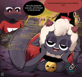 anthro bell big_butt bodily_fluids butt duo fart fart_cloud fart_fetish fur grey_body grey_butt grey_nipples heart_symbol lying male nipples obese on_front onomatopoeia open_mouth open_smile overweight profanity seductive smile sound_effects sweat sweaty_butt teeth text thought_bubble tongue wool_(fur) nataliepaig cult_of_the_lamb massive_monster_(studio) lamb_(cult_of_the_lamb) narinder red_crown_(cult_of_the_lamb) bovid caprine felid feline mammal sheep 2023 english_text hi_res