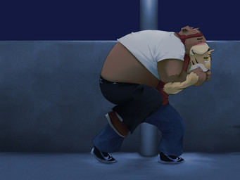 anthro belly blush bottomwear brown_body carrying_another clothing drunk duo eyes_closed humanoid_hands kemono male necktie necktie_headband night outside overweight overweight_male pants shirt substance_intoxication topwear alternate_text_(artist) bear felid mammal pantherine tiger 2010 4:3