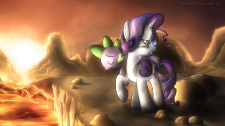 blue_eyes carrying_another cliff cloud detailed_background duo eyes_closed fangs female feral grimace hair horn lava male mountain open_mouth outside purple_hair rock sky sun sunset tail teeth unconscious young young_feral fongsaunder friendship_is_magic hasbro my_little_pony mythology rarity_(mlp) spike_(mlp) dragon equid equine mammal mythological_creature mythological_equine mythological_scalie scalie unicorn 2012