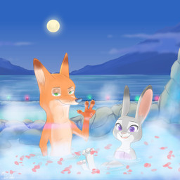 anthro buckteeth cloud detailed_background dipstick_ears duo ear_markings female fur green_eyes grey_body grey_fur half-closed_eyes hot_spring lights looking_at_viewer male moon mountain multicolored_ears narrowed_eyes open_mouth open_smile orange_body orange_fur outside partially_submerged petals purple_eyes sky smile teeth water tieradler disney zootopia judy_hopps nick_wilde canid canine fox lagomorph leporid mammal rabbit red_fox true_fox 1:1 2020 hi_res
