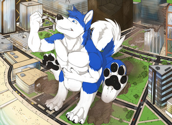 black_nose black_pawpads blue_body blue_eyes blue_fur blue_tail building cheek_tuft city_destruction destruction facial_tuft fur head_tuft holding_train macro male male_taur nude outside pawpads quadruped sitting solo tail tuft white_body white_fur white_tail solaxe_(artist) jhusky canid canine canis domestic_dog husky mammal nordic_sled_dog spitz taur