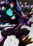 anthro belt black_body black_sclera blue_fire cape claws clothing colored_fire elemental_manipulation fire fire_manipulation glowing glowing_eyes horn male sharp_teeth solo teeth mas_square bandai_namco digimon digimon_ghost_game digimon_(species) gulusgammamon hi_res