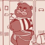 anthro bodily_fluids clothing jockstrap kemono locker_room male rugby rugby_uniform slightly_chubby solo sweat underwear undressing run_aki kumalino sanrio roast_(kumalino) bear mammal 1:1 2022 low_res