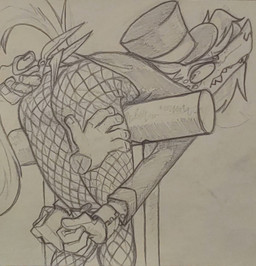 angry anthro arms_behind ass_up bdsm bent_over bound clothing cuff_(restraint) cutting_clothing disembodied_hand eyelashes fangs female fishnet_clothing fishnet_legwear freckled_face freckles frustrated gloves handwear hat headgear headwear hitching_post leaning_over_object legwear leotard long_eyelashes looking_at_viewer looking_back restraints scissors snarling solo suit_leotard teeth top_hat sildre oriana_thaffer canid canine canis mammal wolf absurd_res graphite_(artwork) hi_res traditional_media_(artwork)