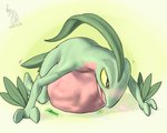 2_fingers abdominal_bulge all_fours ambiguous_gender ambiguous_pred anthro anthro_pred belly big_belly black_eyes blush bodily_fluids bodily_noises breath breathing_noises claws countershade_face countershade_torso countershading different_sound_effects drooling finger_claws fingers green_body green_claws green_scales head_leaf nude offscreen_character onomatopoeia open_mouth oral_vore plant red_body red_countershading red_scales rumbling_stomach saliva scales soft_vore solo sound_effects striped_body striped_scales stripes sweat sweatdrop text vore yellow_sclera lunlunfox nintendo pokemon elemental_creature flora_fauna generation_3_pokemon grovyle pokemon_(species) reptile scalie 2020 5:4 dated digital_media_(artwork) signature