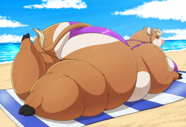anthro beach beach_towel bikini breasts butt clothing cloud female lying morbidly_obese obese on_front overweight sea sky solo swimwear towel two-piece_swimsuit water robthehoopedchipmunk candice_(robthehoopedchipmunk) bovid bovine cattle mammal hi_res