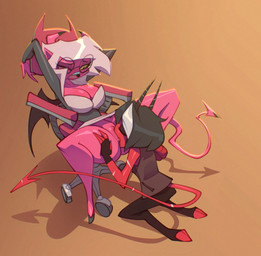 big_breasts bottomless breasts clothed clothing cunnilingus duo female female/female genitals horn huge_breasts huge_thighs humanoid_on_humanoid not_furry open_mouth oral pink_body red_body sex spread_legs spreading thick_thighs vaginal vulva bigdad hellaverse helluva_boss asmodeus_assistant fan_character demon demon_humanoid horned_humanoid humanoid imp nonbinary_(lore)