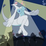 1:1 2018 absurd_res anthro bare_breasts big_breasts blush breasts colored crowd dancing detailed_background digital_media_(artwork) feet female fin generation_2_pokemon group heart_symbol hi_res inside keinga legendary_pokemon looking_away lugia musical_note musical_symbol navel nintendo nipples nude open_mouth outline pokemon pokemon_(species) signature singing siren_(keinga) symbol tail tail_fin white_body