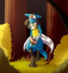 anthro balls blue_body blush cape clothing erection feet forest genitals grass male masturbation outside penile penile_masturbation penis plant red_eyes solo spikes spikes_(anatomy) tree nixxxbot nintendo pokemon generation_4_pokemon lucario pokemon_(species) hi_res