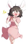 5_fingers 5_toes ?! black_hair bloomers bodily_fluids bottomwear breasts clothing dress feet female fingers hair medium_breasts open_mouth pink_clothing pink_dress raised_leg red_eyes shocked solo standing sweat sweatdrop toes sifserf touhou tewi_inaba animal_humanoid humanoid lagomorph lagomorph_humanoid leporid_humanoid mammal mammal_humanoid rabbit_humanoid 2024 hi_res