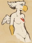 anthro beak blue_eyes breasts feathered_wings feathers female heart_symbol looking_away non-mammal_breasts nude solo tattoo white_body white_feathers wings hoot_(artist) mythology hoot_(character) avian gryphon mythological_avian mythological_creature 2012