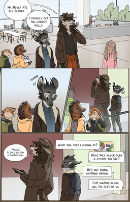 anthro backpack biped black_nose brown_body brown_eyes brown_fur canteen chair cheek_tuft clothed clothed_anthro clothing dialogue facial_tuft fluffy fluffy_tail fur furniture grey_body grey_fur group head_tuft inner_monologue inside male pointy_ears prick_ears snout speech_bubble table tail tan_body tan_fur text text_box thinking tuft tusks yellow_sclera falco_works background_character indy_(justroadkill) pen_(falco_works) canid canine canis cervine coyote deer lagomorph leporid mammal rabbit tufted_deer 2024 comic digital_media_(artwork) english_text hi_res