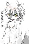 ambiguous_gender anthro black_nose blush clothing fur grey_body grey_fur hair japanese kemono looking_at_viewer multicolored_body multicolored_fur shirt simple_background solo text topwear tuft two_tone_body two_tone_fur white_background white_body white_fur white_hair yellow_eyes young 1boshi canid canine fox mammal greyscale japanese_text monochrome