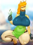 2020 5_fingers anthro big_breasts blonde_hair breasts cat_pepper clothed clothing crouching curvy_figure eyes_closed female fingers fur giraffe giraffid gloves hair handwear hi_res hooves huge_breasts kemono long_hair mammal memura_(cat_pepper) solo sweater thick_thighs topwear voluptuous yellow_body yellow_fur