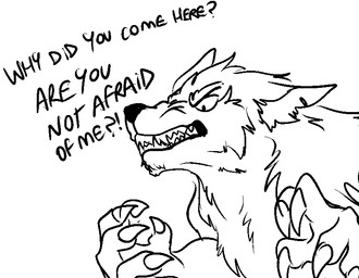 anthro claws dialogue fluffy interrobang male sharp_teeth solo teeth text fizzy-dog mythology canid canine canis mammal mythological_canine mythological_creature werecanid werecanine werecreature werewolf wolf black_and_white comic digital_media_(artwork) english_text monochrome reaction_image