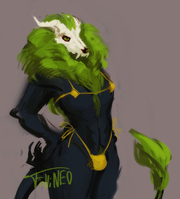 1_eye anthro bikini black_body bulge chest_tuft claws clothing finger_claws gold_bikini golden_clothing green_eyes green_hair hair hand_on_hip male muscular muscular_anthro muscular_male neck_tuft simple_background solo swimwear tail tail_tuft tuft two-piece_swimsuit follineo holodez_(holodezm) skulldog_(species) 2026 digital_drawing_(artwork) digital_media_(artwork) digital_painting_(artwork) hi_res krita_(artwork) painting_(artwork)
