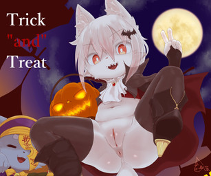 accessory alternative_fashion anthro anus bottomless butt clitoris clothed clothing detailed_background duo female flat_chested food footwear fruit fur genitals gesture hair_accessory hairclip hand_gesture hat headgear headwear high_heels holidays j-fashion kemono legwear loli looking_at_viewer low-angle_view moon navel night ouji_(fashion) partially_clothed plant presenting presenting_vulva pumpkin red_eyes shoes sky solo_focus spread_legs spreading tail teeth text thigh_highs tongue v_sign vulva white_body white_fur young young_anthro sake_kemosalmon halloween canid canine fox mammal vampire 6:5 absurd_res english_text hi_res signature