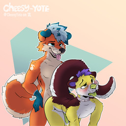 anthro blue_hair collar curled_tail dripping duo fur hair male male/male orange_body orange_fur purple_hair tail tongue yellow_body yellow_fur cheesy_yote apollofusky 1:1 absurd_res hi_res