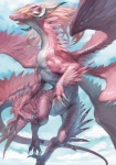 ambiguous_gender claws cloud detailed_background feathered_wings feathers feral flying hair horn jaws multi_wing muscular muscular_ambiguous muscular_feral outside pink_body pink_eyes pink_feathers pink_scales scales sky skyscape solo tail wings toshiaki_takayama mythology dragon feathered_dragon feathered_scalie mythological_creature mythological_scalie scalie