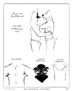 anthro beak black_beak black_nose border bottomwear clothed clothing dialogue duo eye_contact fuzzy looking_at_another male male/male male_anthro pants simple_background stare tail taking_off_shirt text topless topless_anthro topless_male undressing white_background white_border sharkinthepark maccaw_(sharkinthepark) macleish_(sharkinthepark) avian bird canid canine canis domestic_dog mammal owl 2024 4:5 absurd_res black_and_white comic english_text hi_res monochrome