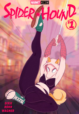 anthro female midair solo superhero superhero_costume text cherryl conditional_dnp marvel spider-man_(series) dixie_(dog@theparty) spider-gwen canid canine canis domestic_dog mammal shiba_inu spitz absurd_res cover cover_art cover_page english_text hi_res