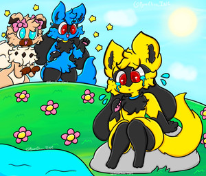 accessory anthro blue_body blue_eyes bodily_fluids bow_ribbon brown_body crying female flower group hair_accessory hair_bow hair_ribbon plant red_eyes ribbons tail tears trio water yellow_body lewdchuu nintendo pokemon generation_4_pokemon generation_7_pokemon pokemon_(species) riolu rockruff shiny_pokemon hi_res