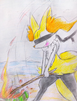 ambiguous_anthro ambiguous_gender anthro beach big_tail biped blindfold blindfold_only cute_fangs detailed_background digitigrade elemental_manipulation fangs featureless_crotch fire fire_manipulation flat_chested food fruit holding_object holding_stick melon motion_lines nude open_mouth open_smile outside plant sea side_view smile snout solo standing stick suikawari tail teeth tongue water watermelon eiroru nintendo pokemon braixen canid generation_6_pokemon mammal pokemon_(species) 2018 colored_pencil_(artwork) graphite_(artwork) hi_res japanese_description portrait three-quarter_portrait traditional_media_(artwork) translated_description