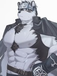 abs accessory anthro belt bottomwear clothing coat_cape headband loincloth male muscular muscular_anthro navel nipples pecs solo wani_jima lifewonders tokyo_afterschool_summoners horkeu_kamui_(tas) canid canine canis mammal wolf 3:4 hi_res