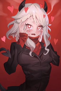 black_horn blush breasts clothing eyebrows female hair hand_on_face heart_eyes heart_symbol horn looking_at_viewer not_furry open_mouth red_background red_eyes simple_background solo spade_tail suit sweater tail topwear turtleneck white_body white_eyebrows white_hair white_skin ssangbong-llama helltaker modeus_(helltaker) demon demon_humanoid humanoid absurd_res hi_res