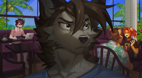 anthro beverage blue_eyes brown_body brown_fur cafe coconut coffee collarbone computer drupe_(fruit) electronics food fruit fur grey_body grey_fur group heterochromia inside laptop looking_aside male plant sea tree tropical water raylak_m blue_(randombrosefy) shorty_(shortybuns) bear canid canine canis lagomorph leporid mammal rabbit wolf hi_res watermark
