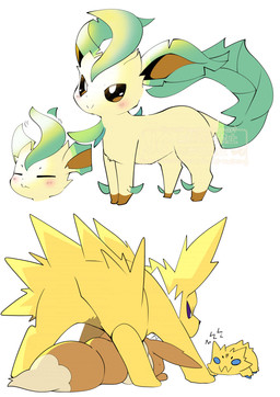 feral group azuma_minatsu nintendo pokemon eevee eeveelution generation_1_pokemon generation_4_pokemon generation_5_pokemon jolteon joltik leafeon pokemon_(species) hi_res tagme