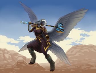 anthro armor blue_eyes ear_piercing female hair horn long_hair multi_eye piercing solo weapon wings darkcat613 guild_wars baphomet_(deity) folionne bovid caprine caprine_demon deity demon goat goat_demon mammal absurd_res hi_res