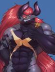 abs anthro biceps big_muscles black_body black_skin bushiroad demon_lord_dragon_batzz dragon drum_bunker_dragon facial_scales future_card_buddyfight grey_body grey_skin grin hair half-length_portrait hand_on_hip holding_character horn long_hair macro male micro muscular muscular_anthro muscular_male mythological_creature mythological_scalie mythology nude pecs portrait red_hair scales scalie smile solo soonico standing teeth
