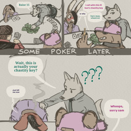 anthro card chastity_key dialogue gambling key male male/male playing_card poker public seven_of_spades text three_of_hearts dungeonhound canid canine human lagomorph mammal 1:1 comic english_text hi_res
