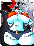 alternate_costume anthro bedroom_eyes big_breasts biped black_clothing black_legwear black_thigh_highs blep bottomwear breasts clothed clothed_anthro clothed_female clothing crop_top denim denim_bottomwear denim_clothing denim_shorts female fingers front_view fur grey_body grey_fur grey_hair hair hand_on_hip huge_breasts humanoid_hands legwear logo long_hair looking_at_viewer looking_down low-angle_view midriff narrowed_eyes navel red_clothing red_crop_top red_sclera red_shirt red_topwear seductive shirt shorts skimpy solo text thigh_highs tight_clothing tongue tongue_out topwear under_boob undersized_clothing white_body white_eyes white_fur vash_art helluva_boss mythology loona_(helluva_boss) canid canid_demon canine demon hellhound mammal mythological_canine mythological_creature 2024 absurd_res artist_logo artist_name colored half-length_portrait hi_res portrait