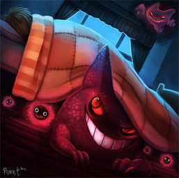 ambiguous_gender bed bedroom furniture glowing group inside night red_eyes window piper_thibodeau nintendo pokemon gastly generation_1_pokemon gengar ghost haunter human mammal pokemon_(species) spirit 2012 digital_media_(artwork) digital_painting_(artwork) painting_(artwork) unavailable_at_source